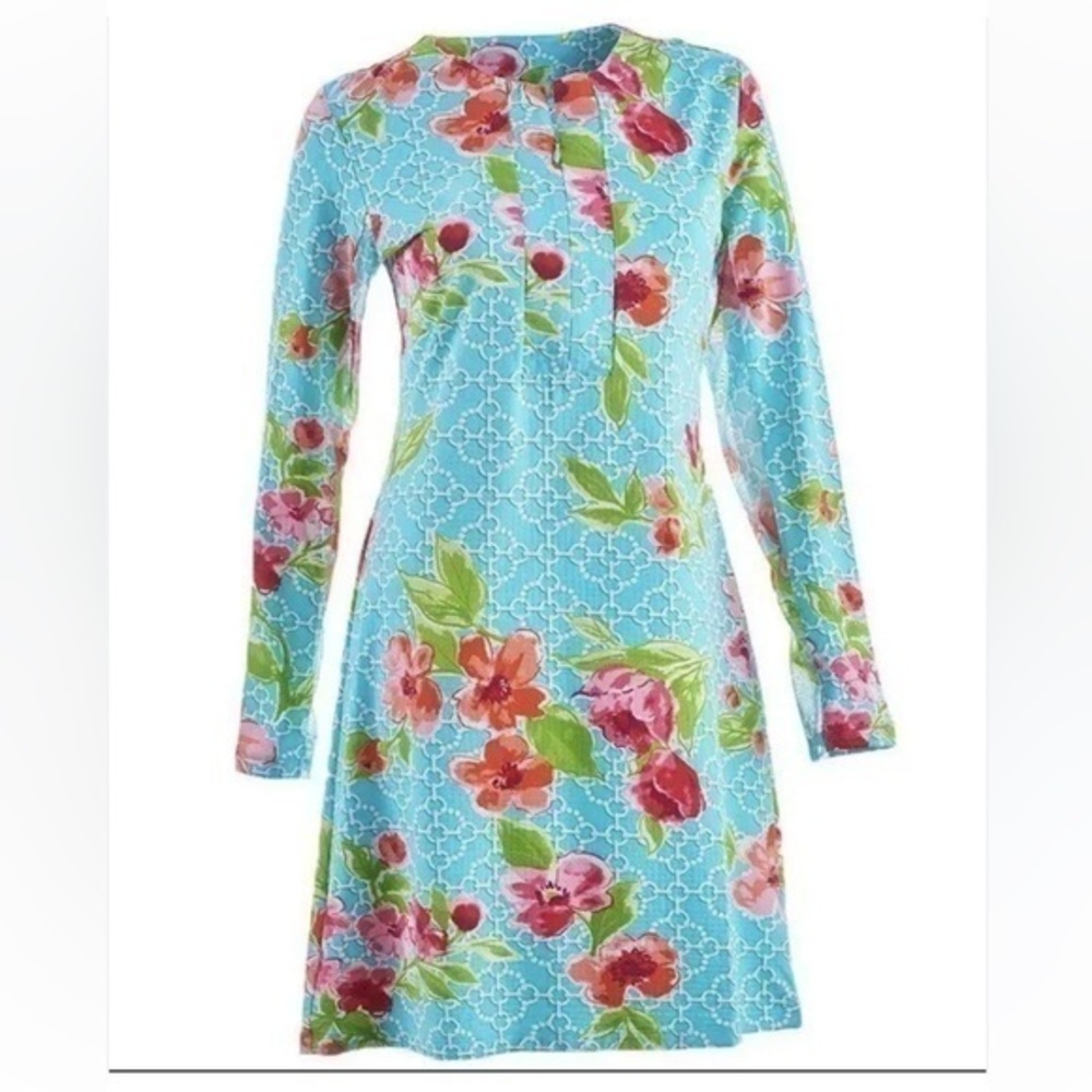 IBKUL Zip Crew Neck Ashly Dress Seafoam Golf Aqua Blue Pink Floral Size S